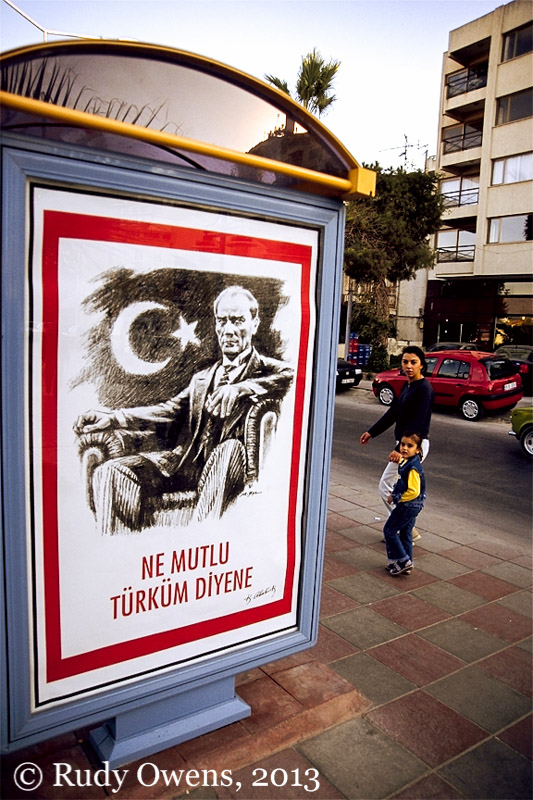A picture of modern Turkey's first leader decorates a bus stop in western Turkey (2001).